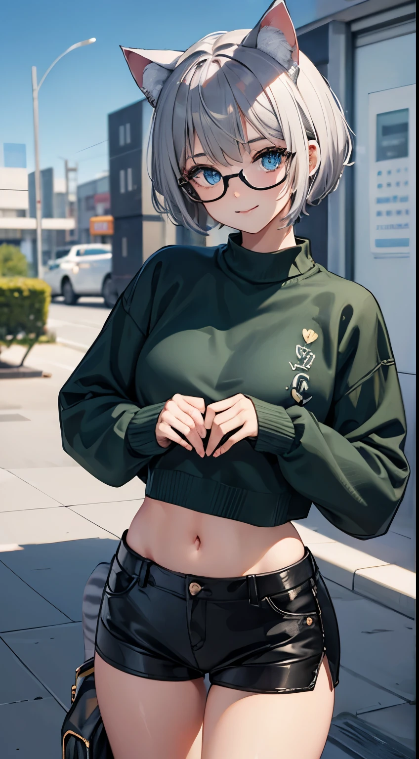 (masterpiece), (best quality), (High quality), expressive eyes, perfect face, 1girl, (grey cat ears: 1.5), BREAK, (medium hair, grey hair, pixie cut), BREAK, (big eyes, perfect eyes, blue eyes, thick eyelashes), (heart shaped sunglasses), BREAK, (thin eyebrow), BREAK, (short height), slim bulid, BREAK,  happy smile, BREAK, (medium breasts), BREAK, (green cropped sweater: 1.4), (black shorts: 1.4), BREAK, (standing), ((korean heart sign)), cowboy shot, full body, view from above, (city background), looking at the viewer