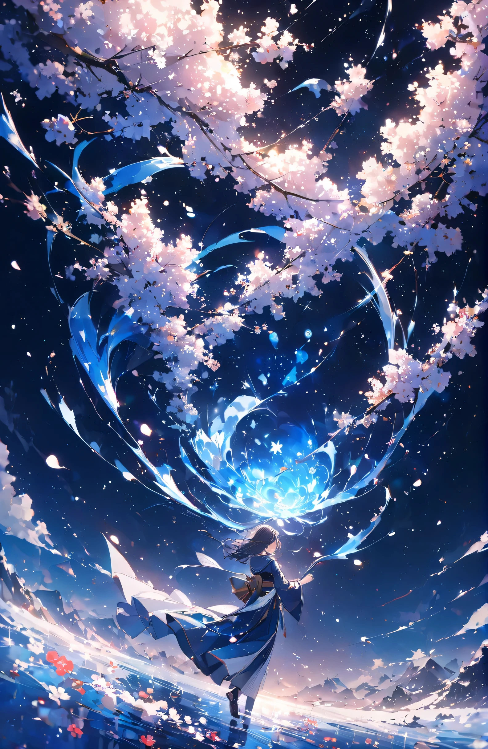 ((Ridiculous)),超high resolution, Attention to detail, high quality, high resolution, 最high quality, 4K, Plum blossoms in full bloom，Flying flowers and falling snow intertwined、Deep blue world、comprehensive, Deep blue toned artwork