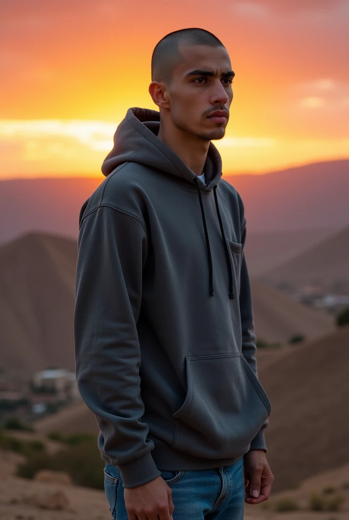 Create a realistic photo of a young man of Moroccan nationality with a gaunt face, a shaved head, and black eyes., portant un sweat-shirt à capuche et un jean. Il a un air déterminé et regarde vers l'horizon de corpulence moyenne et grand 