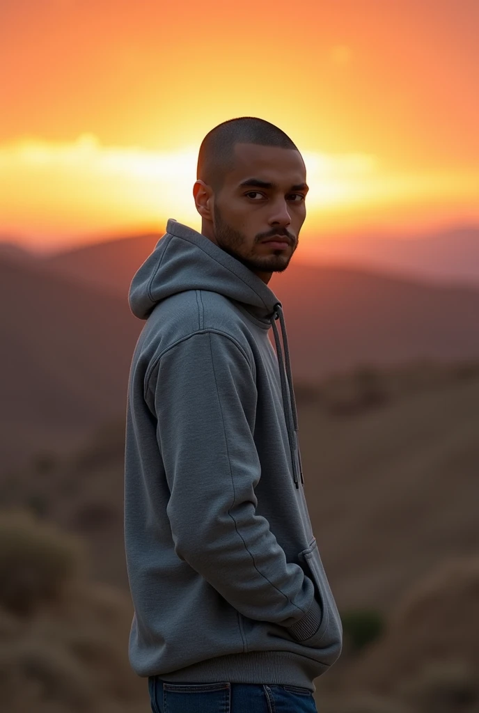 Create a realistic photo of a young man of Moroccan nationality with a gaunt face, a shaved head, and black eyes., portant un sweat-shirt à capuche et un jean. Il a un air déterminé et regarde vers l'horizon de corpulence moyenne et grand 