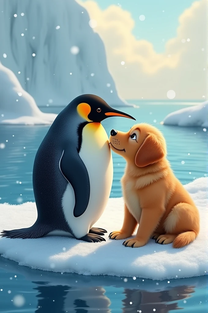 A penguin and a dog are looking at each other lovingly.