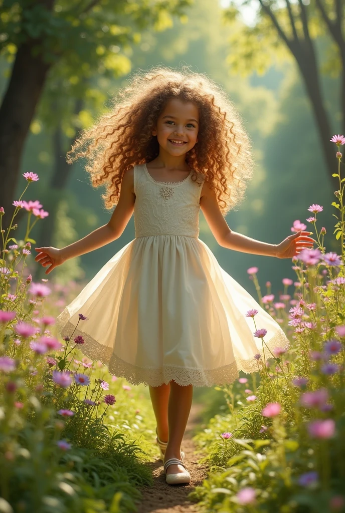A girl with curly hair and green eyes