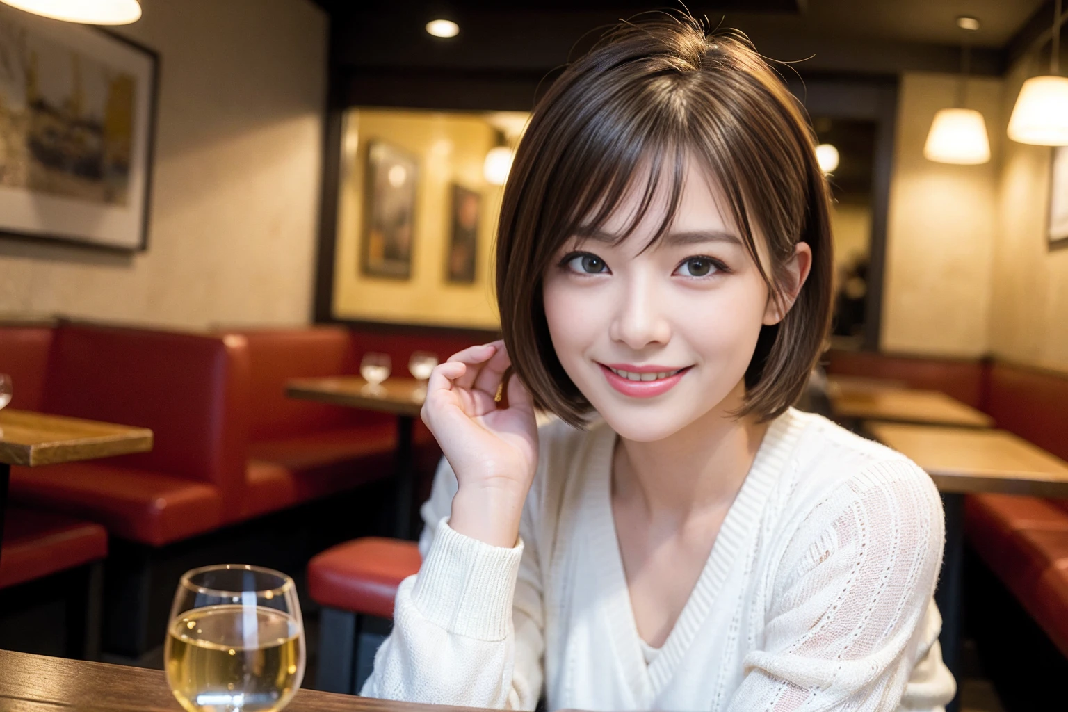 ((Highest quality、8k、masterpiece:1.3))、slimカップル、modelカップル、(Realistic, Intricate details:1.2), sashimi、Tempura、Japanese sake、Shochu 、Amazing view of the sunset sky and clouds、A bright smile、The wonderfulness of smile、Bright image、The beauty of wine, Beautiful Face, blue eyes, The light shines on your face, blush, short hair,Bright Face、 (Age 37), 39 years old, sparkling wine、Two beauties、Brown Hair、Shortcuts、Long sleeve shirt、dress、Beautiful woman 1, (slimな顔), (The body is slim), (Brown Hair), (Shortcuts), cheeks turn a little red,Attractive beauty、restaurant, In a prominent place (From the waist up) Nova Frog Style, actress, model, Upper Body, White wine, slim, smile, (smile: 1.15), Beautiful fine grain, Depth f/2,saturation, High Contrast, Strong light and shadow,Moist Body:1.5、3D texture、Delicate eyes、Brown Hair、The hair is very shiny、