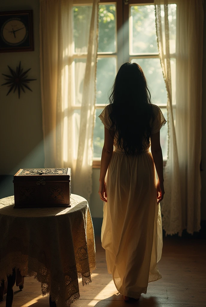 Image Prompt*: Priya entering a room and spotting an old box.