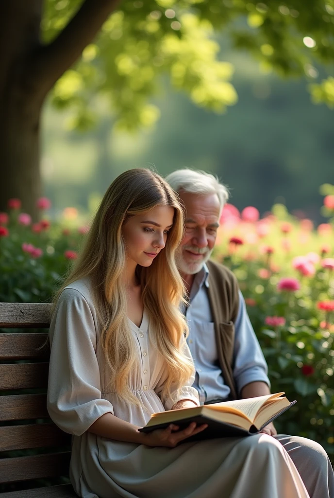 a young woman with long blonde hair, blue eyes, high cheekbones, reading a book on a bench next to an elderly gentleman, full body, realistic, photorealistic, 4k, highres, masterpiece, ultra-detailed, sharp focus, physically-based rendering, vivid colors, studio lighting, bokeh