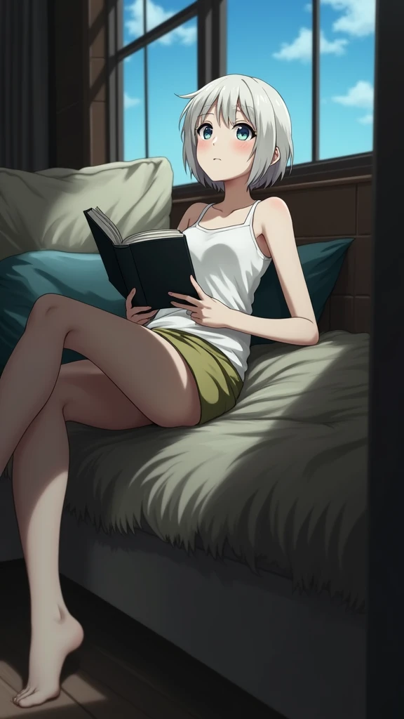 anime style, young adult woman, with one blue eye and one green eye, short white hair.
The woman is lying on the floor looking up..
Her legs are raised and resting on the wall., creating a horizontal angle with your body.
He is holding a book with both hands, which is reading in a relaxed manner.
The camera is positioned to the side,, allowing it to capture both your relaxed posture and the characteristics of the environment, including the wall where your legs are resting and the windows that let in natural light..