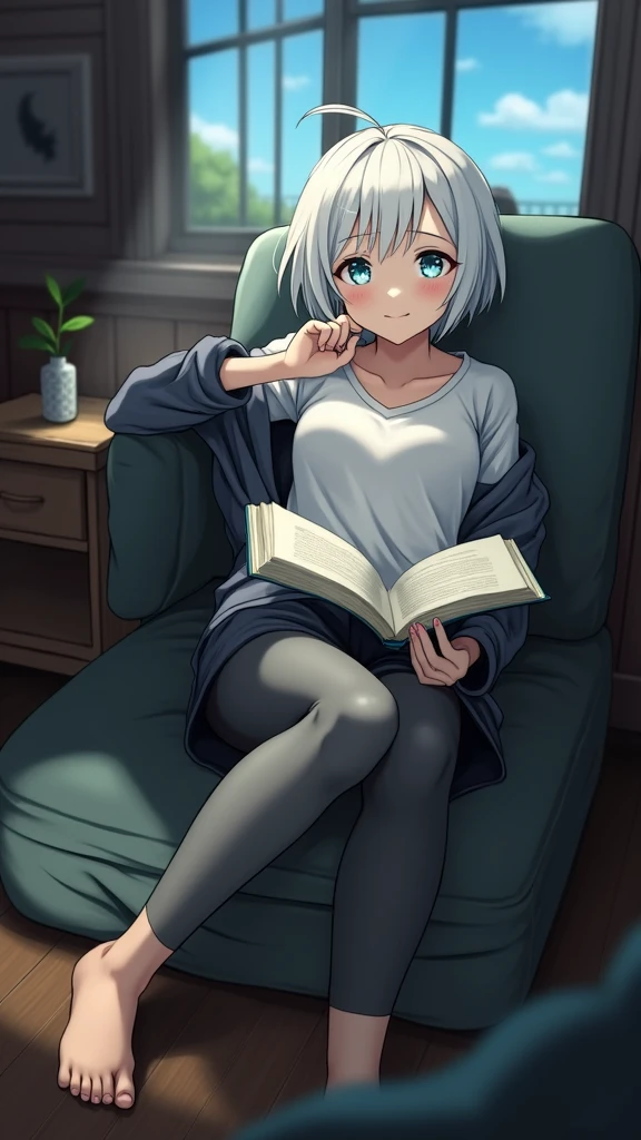 anime style, young adult woman, with one blue eye and one green eye, short white hair.
The woman is lying on the floor looking up..
Her legs are raised and resting on the wall., creating a horizontal angle with your body.
He is holding a book with both hands, which is reading in a relaxed manner.
The camera is positioned to the side,, allowing it to capture both your relaxed posture and the characteristics of the environment, including the wall where your legs are resting and the windows that let in natural light..