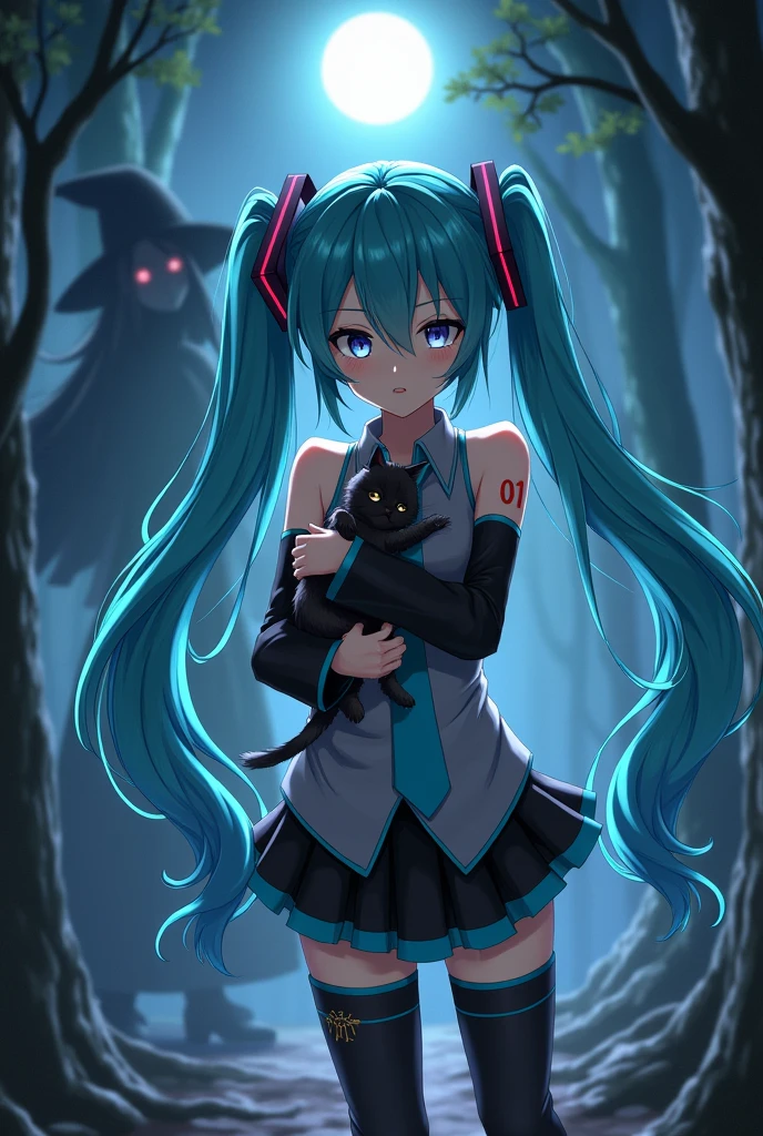 Anime art, anime style, detailed drawing, beautiful forest background, high definition, high quality, one girl, solo, Hatsune Miku, aqua hair, twin tails, headphones, small number tattoo "01" (red, located on her right hand), grey sleeveless collared shirt, black detached sleeves with aqua lines, five fingers with aqua nails, aqua necktie, black pleated mini skirt with aqua lines, zettai ryouiki, thigh-high black boots with aqua lines.
Get example from this image: https://vocaloidespanol.fandom.com/es/wiki/Hatsune_Miku?file=Hatsune_Miku.png
Miku Hatsune hugging a black cat in the night; there is witch woman following her behind