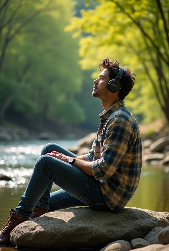 A man listening a song with headphone near a river