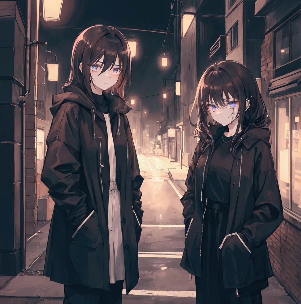 Generate an anime-style digital artwork featuring a melancholic young couple standing face-to-face in a moody, urban night setting. The female character, who is shorter than her male partner, has long, black or brown hair cascading down her back. She has piercing eyes and a tired expression, reflecting deep emotional weariness. A cigarette dangles from her lips, with wisps of smoke curling around her face, adding to the mysterious atmosphere. She wears a black top partially covered by a light jacket. The male character, standing directly in front of her, has short, black or brown hair that’s slightly tousled, with a rugged yet handsome appearance. His expression is calm but carries a hint of sadness, mirroring the emotional depth of his partner. He wears a simple dark shirt and jacket. Both characters are facing each other, slightly angled away from the camera, with their eyes locked onto each other, conveying a deep, intimate connection. The angle suggests that the viewer is observing a private, intense moment between them, where their bond is clear yet unspoken. The background is a dimly lit alleyway or an urban street at night, bathed in the faint glow of distant streetlights or neon signs. Deep shadows cast by the sparse lighting enhance the mood, creating a sense of solitude, introspection, and quiet defiance. The overall atmosphere should convey the feeling of two souls bound by shared experiences, standing together against a backdrop of a cold, indifferent cityscape. The color palette should be cool, dominated by blues, purples, and dark tones, with occasional warm highlights from the streetlights or cigarette embers. Ensure both characters are the focus, with the setting complementing their emotional state, creating a harmonious yet haunting scene that captures the essence of their bond and the loneliness of the urban night