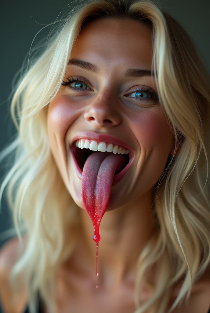 Blonde hair model，Sexy and attractive face，A lot of saliva， dripping on tongue，Smiling，Neon colored eyes，whore