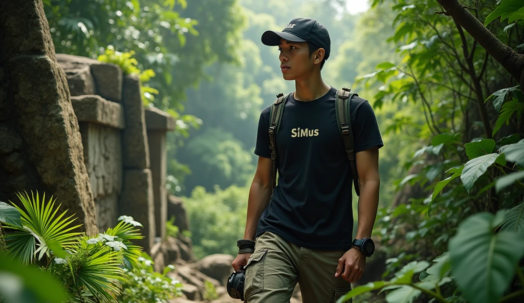 In the middle of the jungle, a brave young Asian male explorer navigates the overgrown ruins, wearing a black t-shirt that reads 'SiMus', his cargo trousers and sturdy boots allowing him to move with ease. A black baseball cap, with a strong expression and a determined gaze, he is ready to face any challenge that comes his way.