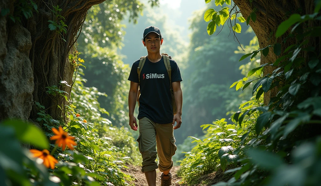 In the middle of the jungle, a brave young Asian male explorer navigates the overgrown ruins, wearing a black t-shirt that reads 'SiMus', his cargo trousers and sturdy boots allowing him to move with ease. A black baseball cap, with a strong expression and a determined gaze, he is ready to face any challenge that comes his way.