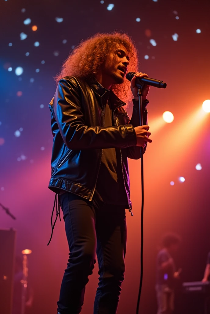 A photograph of a 20-year-old Indonesian guy with long curly hair, wearing a shiny black jacket, jeans, and boots, singing in a night setting with golden light.