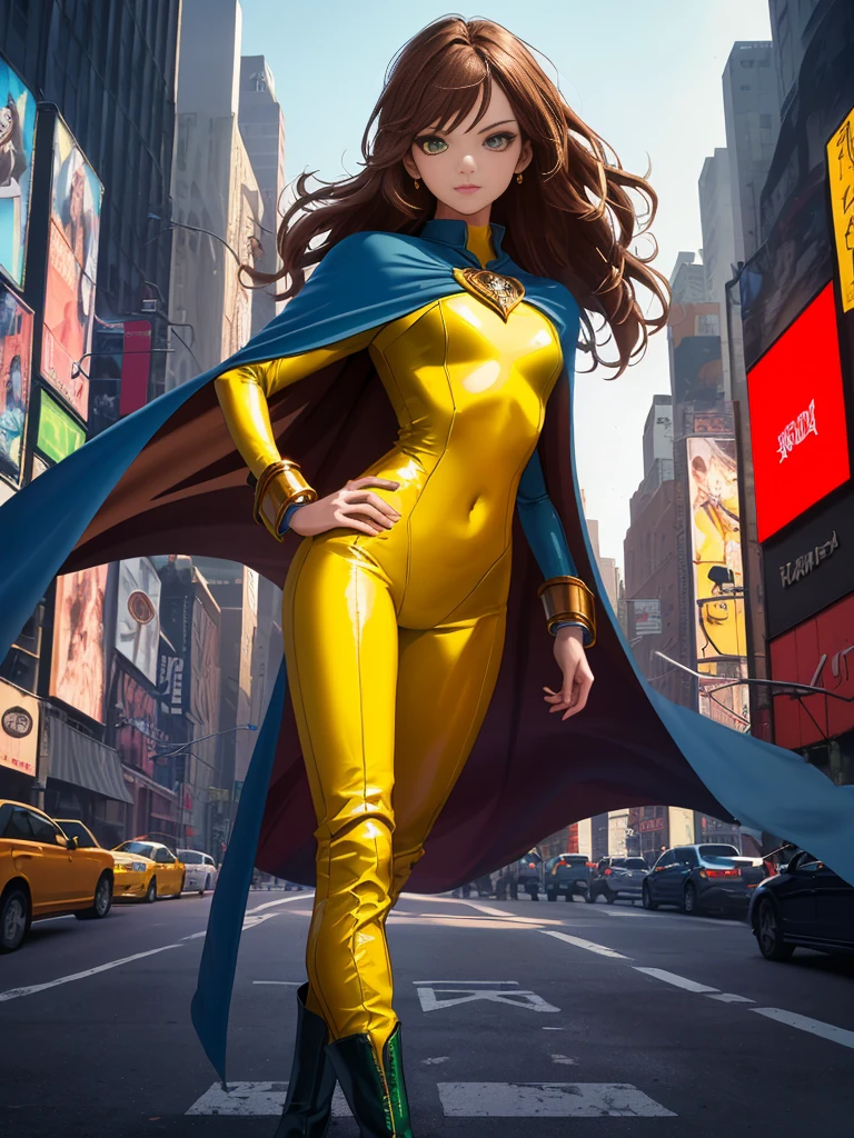 whole body图:((best quality)), ((masterpiece)), ((Surreal)), (Dynamic Hero Stance), American, Beautiful and delicate face, Delicate eyes, Yellow heeled boots, ((Wearing a red bodysuit with blue accents)), New York City background, Very detailed, professional, Bare Legs, whole body), Hands on hips, permanent, ((Brown hair, Medium Length Hair)), Green Eyes, , ((Long sleeve, cuff)), ((Blue cape)), Cowboy shooting