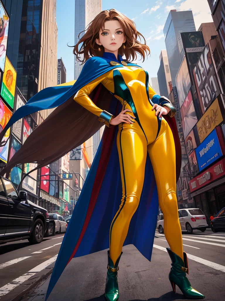 whole body图：((best quality)), ((masterpiece)), ((Surreal)), (Dynamic Hero Stance), American, Beautiful and delicate face, Delicate eyes, Yellow heeled boots, ((Wearing a red bodysuit with blue accents)), New York City background, Very detailed, professional, Bare Legs, whole body), Hands on hips, permanent, ((Brown hair, Medium Length Hair)), Green Eyes, , ((Long sleeve, cuff)), ((Blue cape)), Cowboy shooting