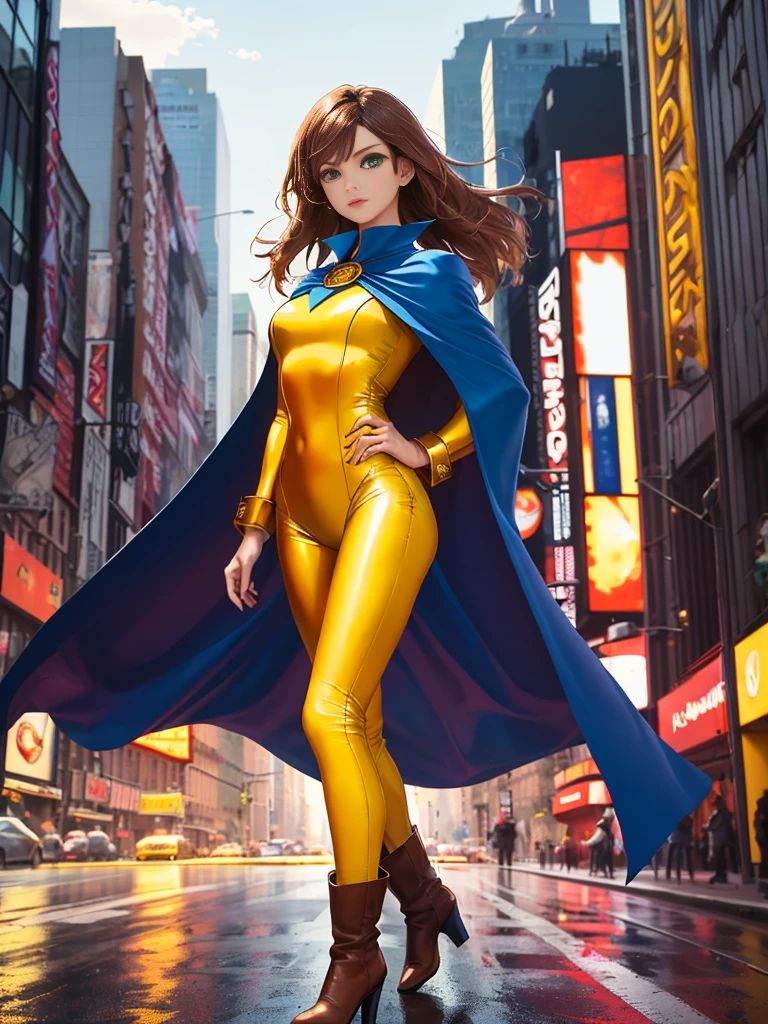 whole body图:((best quality)), ((masterpiece)), ((Surreal)), (Dynamic Hero Stance), American, Beautiful and delicate face, Delicate eyes, Yellow heeled boots, ((Wearing a red bodysuit with blue accents)), New York City background, Very detailed, professional, Bare Legs, whole body), Hands on hips, permanent, ((Brown hair, Medium Length Hair)), Green Eyes, , ((Long sleeve, cuff)), ((Blue cape)), Cowboy shooting
