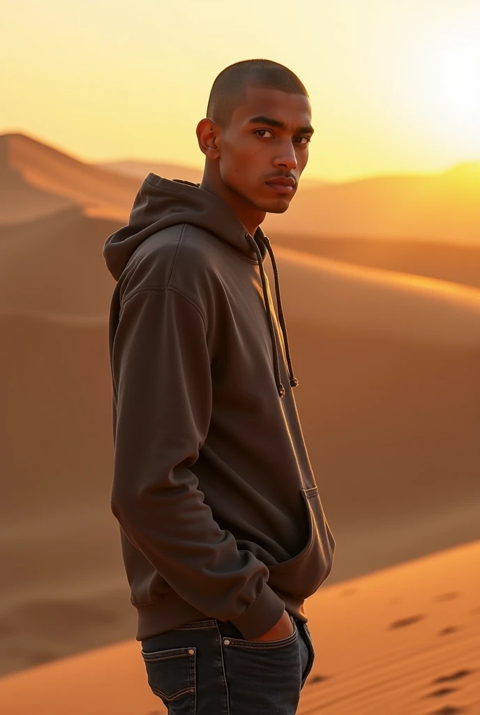 Create a realistic photo of a young man of Moroccan nationality with a gaunt face, a shaved head, and black eyes., portant un sweat-shirt à capuche et un jean. Il a un air déterminé et regarde vers l'horizon de corpulence moyenne et grand