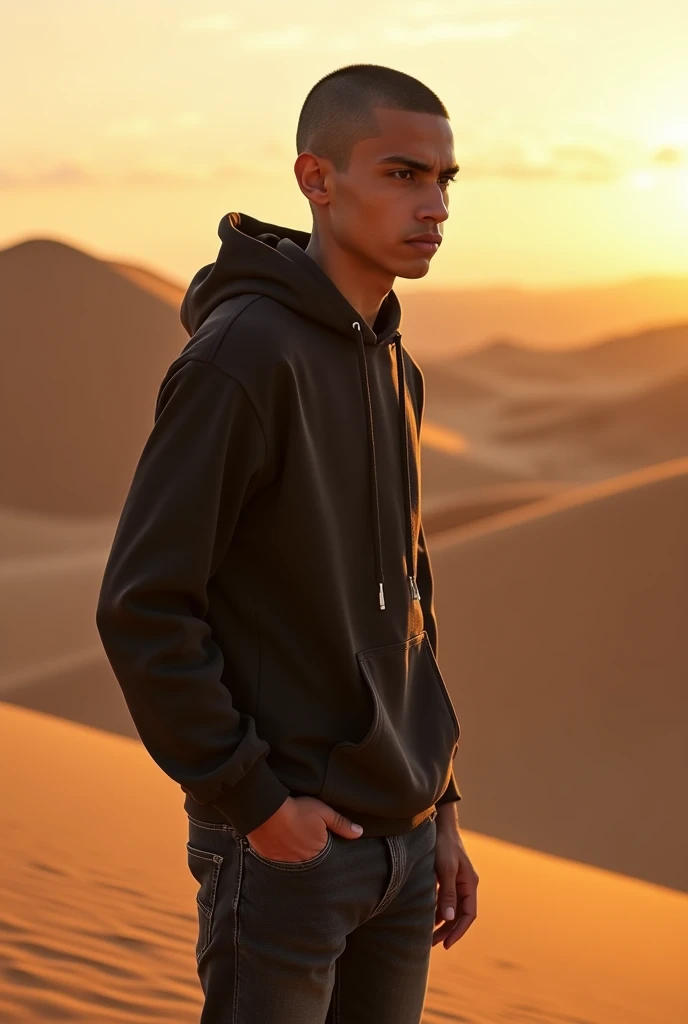 Create a realistic photo of a young man of Moroccan nationality with a gaunt face, a shaved head, and black eyes., portant un sweat-shirt à capuche et un jean. Il a un air déterminé et regarde vers l'horizon de corpulence moyenne et grand 