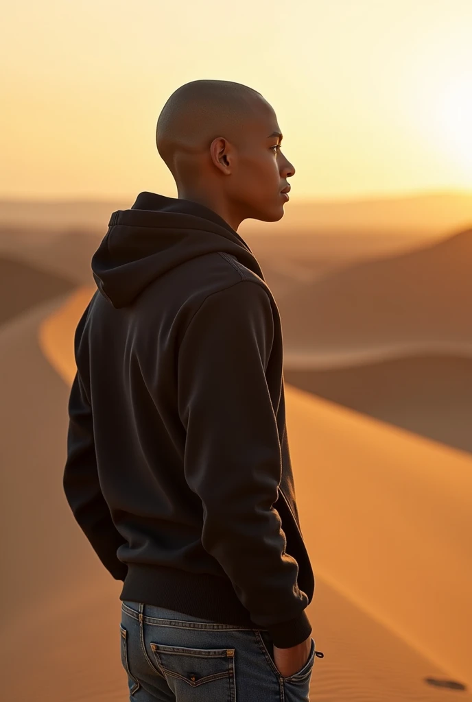 Create a realistic photo of a young man of Moroccan nationality with a gaunt face, a shaved head, and black eyes., portant un sweat-shirt à capuche et un jean. Il a un air déterminé et regarde vers l'horizon de corpulence moyenne et grand