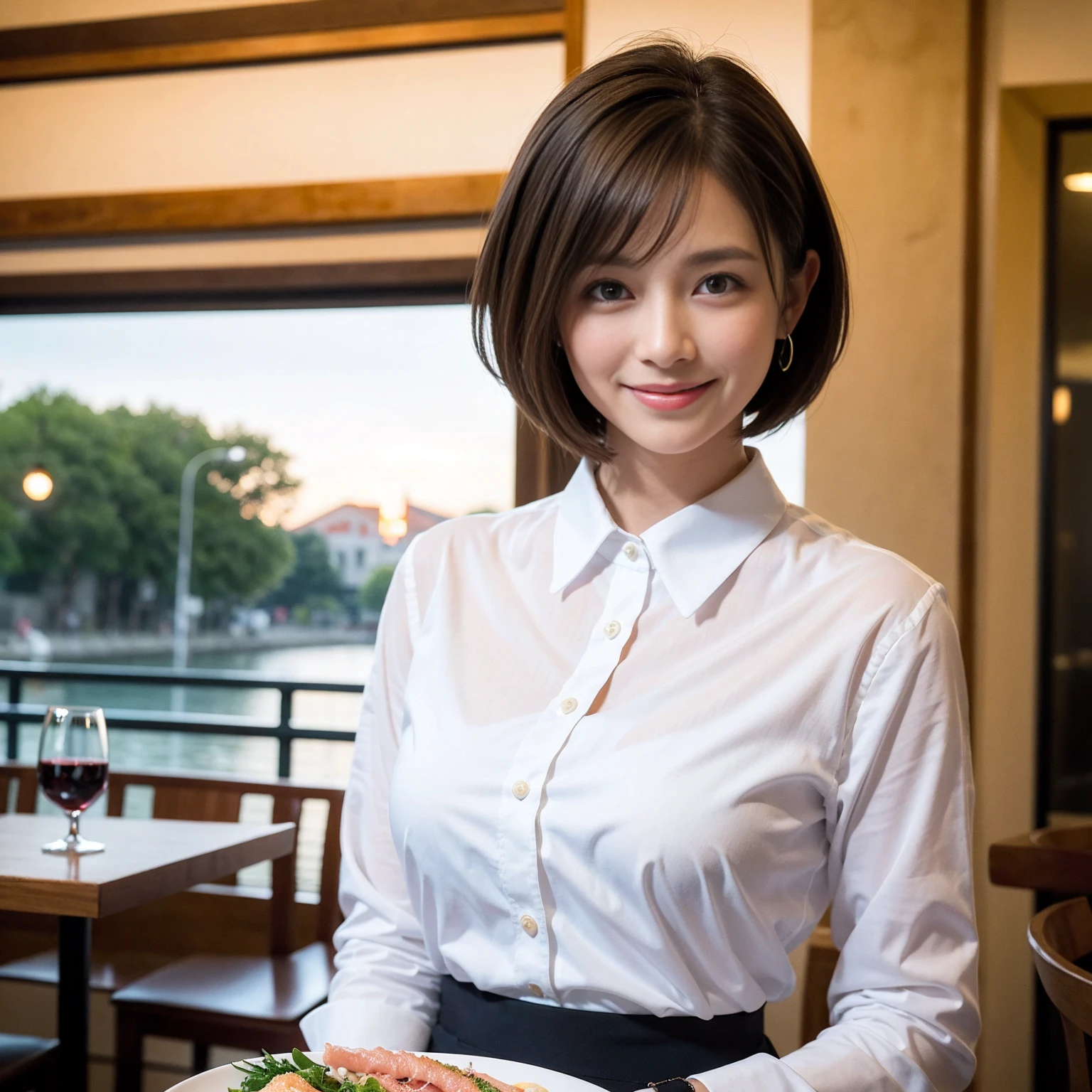 ((Highest quality、8k、masterpiece:1.3))、slimカップル、modelカップル、(Realistic, Intricate details:1.2), sashimi、Tempura、Japanese sake、Shochu 、Amazing view of the sunset sky and clouds、A bright smile、The wonderfulness of smile、Bright image、The beauty of wine, Beautiful Face, blue eyes, The light shines on your face, blush, short hair,Bright Face、 (Age 37), 39 years old, sparkling wine、Two beauties、Brown Hair、Shortcuts、Long sleeve shirt、dress、Beautiful woman 1, (slimな顔), (The body is slim), (Brown Hair), (Shortcuts), cheeks turn a little red,Attractive beauty、restaurant, In a prominent place (From the waist up) Nova Frog Style, actress, model, Upper Body, White wine, slim, smile, (smile: 1.15), Beautiful fine grain, Depth f/2,saturation, High Contrast, Strong light and shadow,Moist Body:1.5、3D texture、Delicate eyes、Brown Hair、The hair is very shiny、