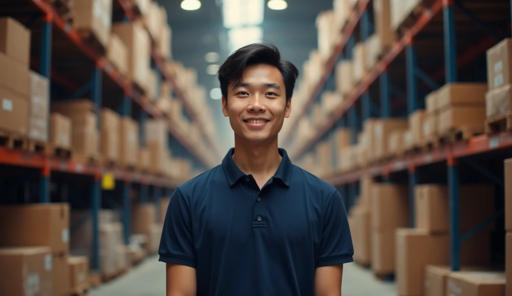 A photo of a man wearing a dark blue polo shirt. He should be an Asian Chinese male, 20 years old, with a warehouse background.