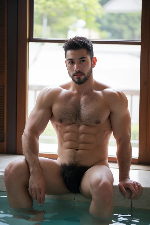 Beautiful  man 30 years old,  muscular body, barba rala, ambiente misterioso com penumbra, mas seu rosto esta iluminado pela fogueira.  ((naked))