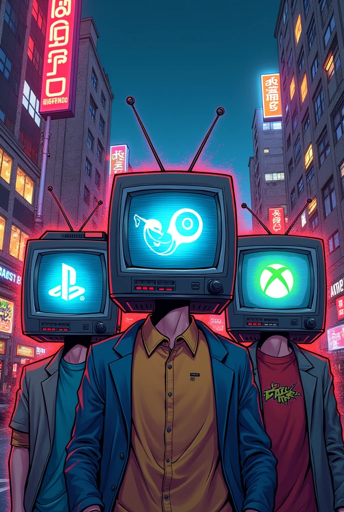 Boys with TV-shaped heads with the Nintendo Logo, Steam logo, Playstation logo, Xbox version logo manga