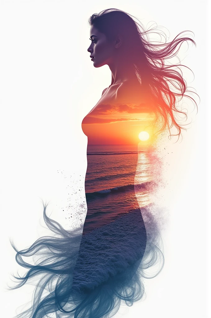 high quality, 8K Ultra HD, A beautiful double exposure that combines an goddess silhouette with sunset coast, sunset coast should serve as the underlying backdrop, with its details incorporated into the goddess , crisp lines, The background is monochrome, sharp focus, double exposure, by yukisakura, awesome full color,