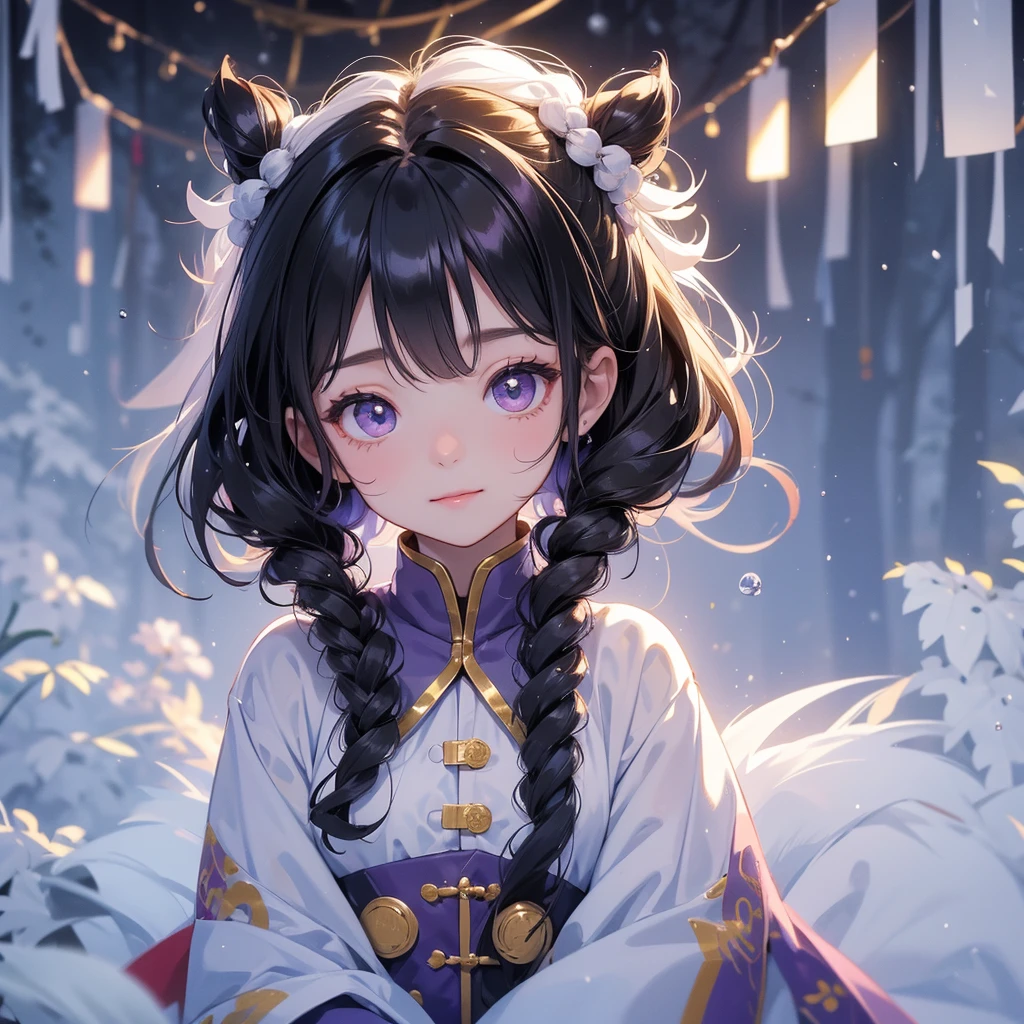 A chibi child girl had a small face and Wearing purple little Taoist priest's outfit. A pair of big round eyes shone with curiosity about him. This child was so cute! , raindrops are falling down, her hair is black with two buns on her hair.small chibi, chibi baby, smiling.

The little chibi baby looked up with his chest raised, and his face was old and proud.

Amidst the white snowy atmosphere, the snow is falling lightly, the trees are covered with white snow, sunset. Close up.


