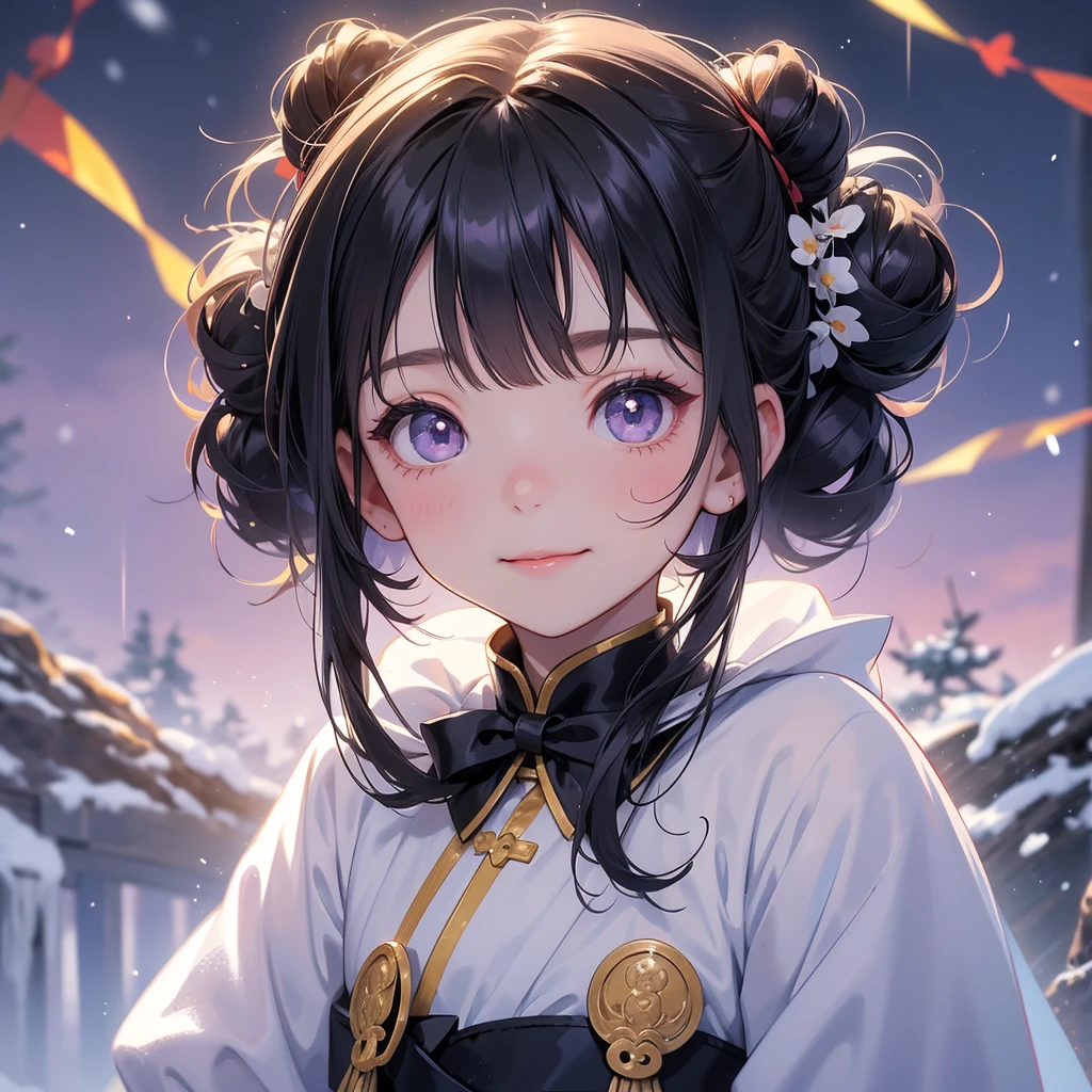 A chibi child girl had a small face and Wearing purple little Taoist priest's outfit. A pair of big round eyes shone with curiosity about him. This child was so cute! , raindrops are falling down, her hair is black with two buns on her hair.small chibi, chibi baby, smiling.
The little chibi baby looked up with his chest raised, and his face was old and proud.
Amidst the white snowy atmosphere, the snow is falling lightly, the trees are covered with white snow, sunset. Close up.