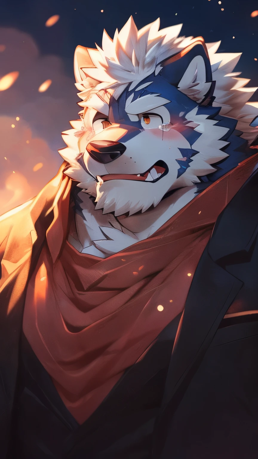 human nature, wild animals, male, 36 years old,uncle,solitary, ((Round Face, The face is plump, Orange Eyes, Thick white hair,Scars)), ((Endomorph, Handsome,Hot Blood)), (Mecha suit,no electricity,exhausted), ((domestic white wolf, Wolf Orc) Fluffy fur, Fluffy, White Stripes), (wolf print), Bokeh, (high quality, high resolution, masterpiece), (Dynamic Lighting, Vibrant colors), (Cry,Close your eyes,Lots of tears,blush), Detailed teeth, Full body pictures (Vision), cartoon, author:Takemoto Arashi, From Zixiong, author:Chunni, author:Ethereal,(background:Rainforest)
