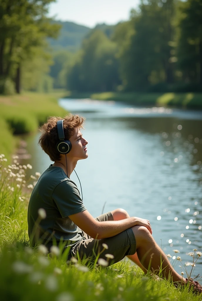 A man listening a song with headphone near a river for thumbnail
