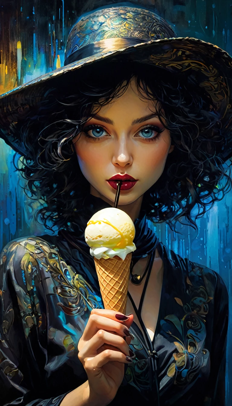 the sexy girl from the ice cream shop, magic, fantasy,(best quality, 4k, 8k, high resolution, masterpiece: 1.2), ultra-detailed, (realistic, photorealistic, photorealistic : 1.37), intricate details, vivid colors, sharp focus, professional, Dave McKean artwork, surreal oil touch, oil painting style, portrait, woman, beautiful detailed eyes, beautiful detailed lips, dreamlike atmosphere, game of shadows, soft lighting, fun pose, dark tones, ethereal background, fantasy elements, texture, layered composition.,art inspired by Bill Sienkiewicz and Dave McKean
