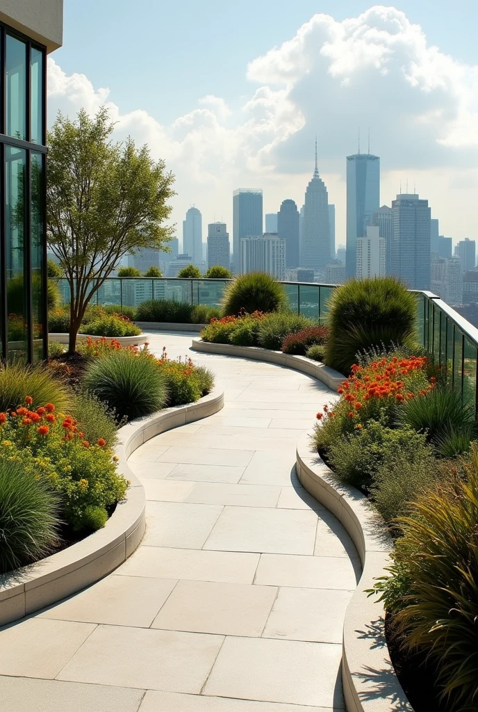 Modern rooftop garden with a curved walkway, no trees, no gazebo