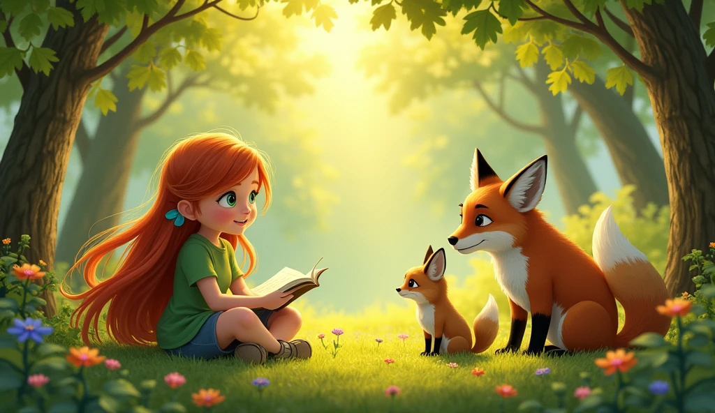 Lily sitting with forest creatures, having a heartfelt conversation. The scene reflects cooperation and understanding, with a warm and glowing atmosphere symbolizing the lesson learned.