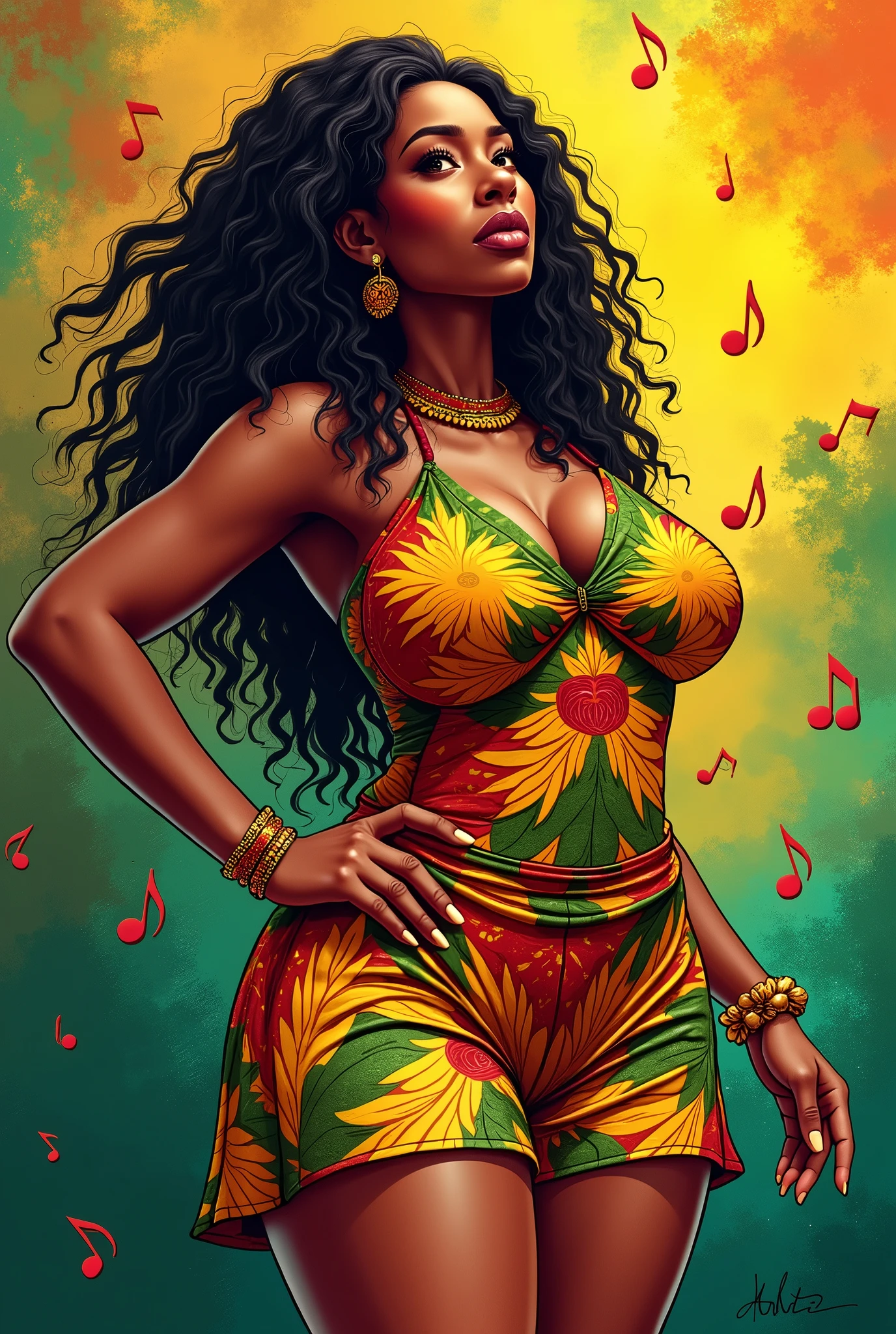 vectorial art, With a lot of Jamaican reggae, woman with big breasts, thin thighs and wide, Authentic Jamaican Reggae Music Atmosphere,colorful illustrations, At the center, swirly vibrant colors, paint splashes and smears, high détail,