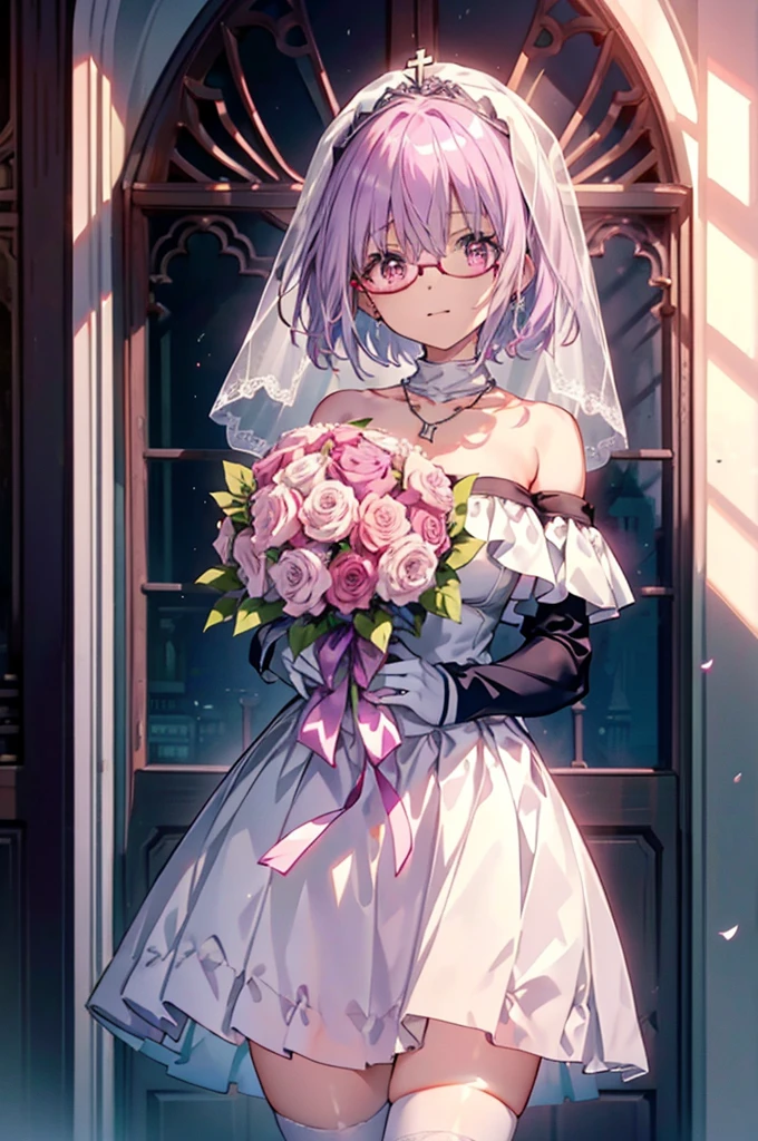 akaneshinjou, shinjou akane, Light purple hair, (Pink Eyes:1.2), short hair,smile,Red-rimmed glasses,blush,Off-the-shoulder white wedding dresses,Wedding white long skirt,necklace,Veil,Holding a bouquet of flowers with both hands,　　　　　　　　　 
 break looking at viewer, whole body,(Cowboy Shot:1. 5) 　　　　　　　　　　　　　　　　　　　break indoors, Chapel,church, 　　　　　　　　　　　break (masterpiece:1.2), Highest quality, High resolution, unity 8k wallpaper, (shape:0.8), (Beautiful attention to detail:1.6), Highly detailed face, Perfect lighting, Highly detailed CG, (Perfect hands, Perfect Anatomy),