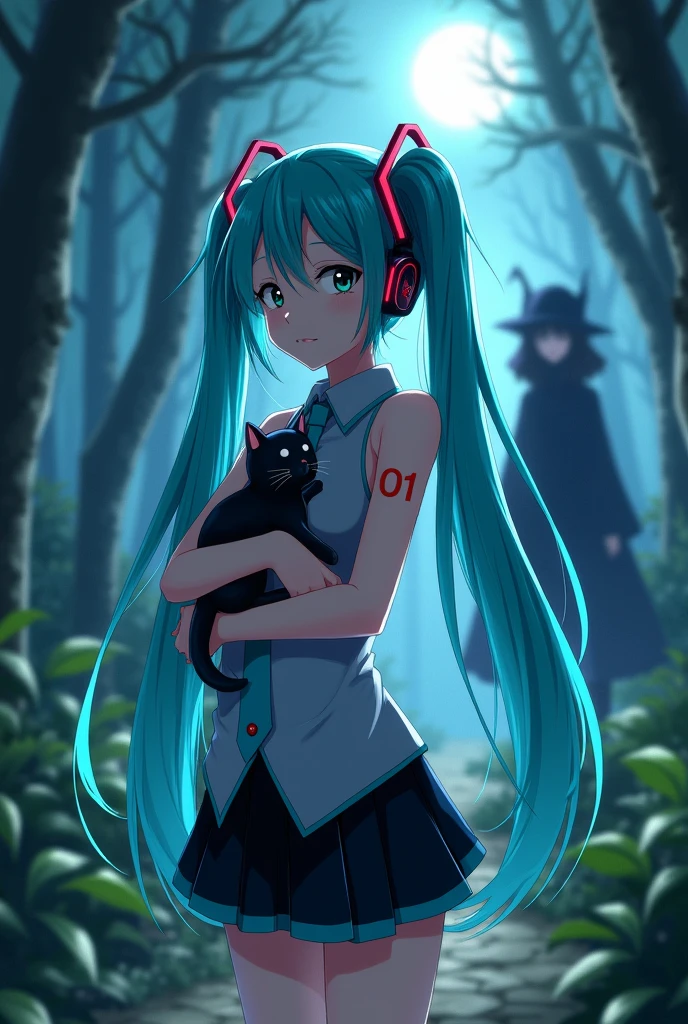 Anime art, anime style, detailed drawing, beautiful forest background, high definition, high quality, one girl, solo, Hatsune Miku, aqua hair, twin tails, headphones, small number tattoo "01" (red, located on her right hand), grey sleeveless collared shirt, black detached sleeves with aqua lines, five fingers with aqua nails, aqua necktie, black pleated mini skirt with aqua lines, zettai ryouiki, thigh-high black boots with aqua lines.
Get example from this image: https://vocaloidespanol.fandom.com/es/wiki/Hatsune_Miku?file=Hatsune_Miku.png
Miku Hatsune hugging a black cat in the night; there is witch woman following her behind