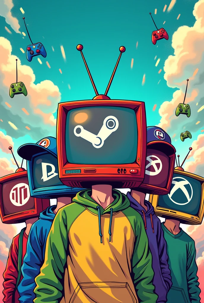 Boys with TV-shaped heads with the Nintendo Logo, Steam logo, Playstation logo, Xbox version logo manga