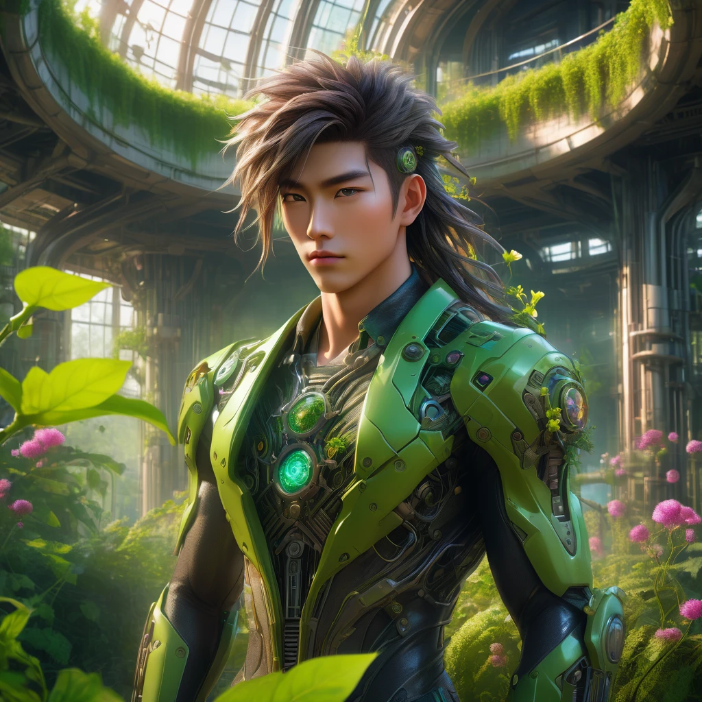 a handsome Asian man with intricate mechanical body, hydraulics as a connector, detailed structure, fiber optic braided hair, holding europhia flowers, abandoned futuristic laboratory setting, filled with vines and lush green wild vegetation, a little sunlight filtering in to create a dramatic impression, perfect composition, cinematic, very detail and clear