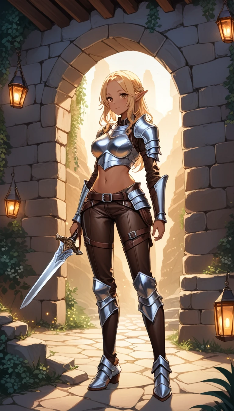 best quality, masterpiece, newest,
(1girl, elf girl, (tiny, short height, small girl:1.), medium breasts), (dressed in full body leather armor, rogue armor outfit, leather jacket, leather pants:1.2), )detailed eyes and face, beautiful detailed eyes, brown eyes, blonde hair, flowing hair, long hair, shining hair, dark tanned skin, standing inner cave entrance:1.1), (holding daggers in hands:1.2), BREAK
(medium wide shot), (dynamic perspective), sharp focus, (depth of field, bokeh:1.3),
(medieval, fantasy dungeon cave entrance, cowboy shot, side shot, evening, night time, fireflies)