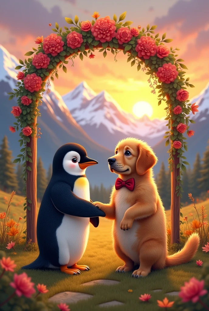 A penguin and a dog get married and grow old together.
