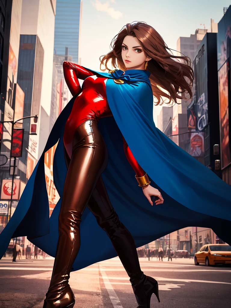 whole body图:((best quality)), ((masterpiece)), ((Surreal)), (Dynamic Hero Stance), American, Beautiful and delicate face, Delicate eyes, Bare Legs,high-heel boots, ((Wearing a red bodysuit with blue accents)), New York City background, Very detailed, professional, Bare Legs, whole body), Hands on hips, permanent, ((Brown hair, Medium Length Hair)),, ((Long sleeve, cuff)), ((Blue cape)), Cowboy shooting