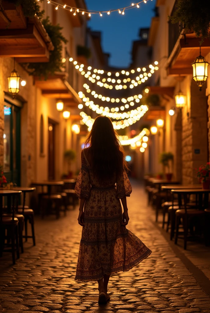 Make a photo of the woman walking in Mahelle at night