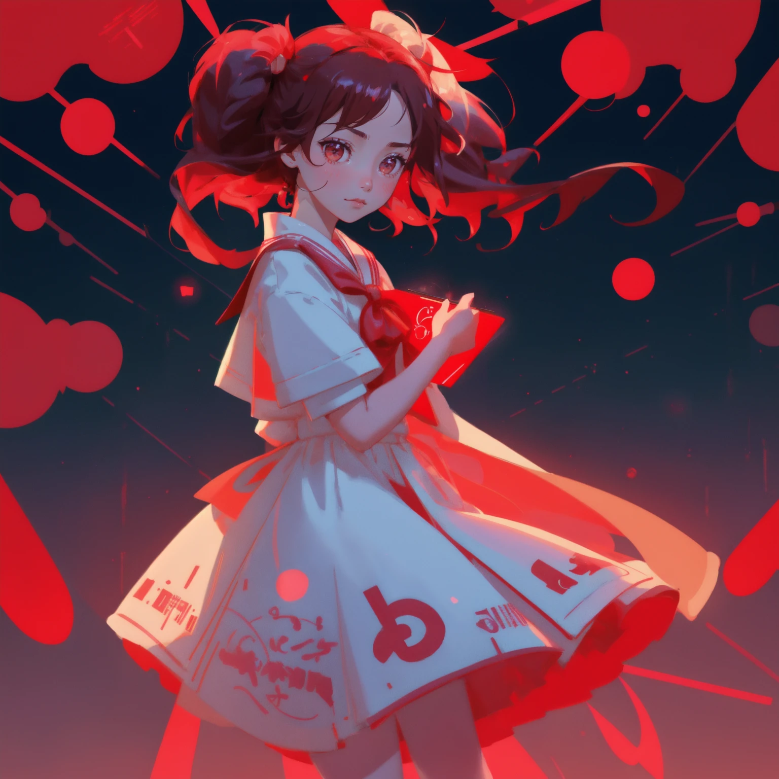 3D rendered japanese anime girl as a FOMOsapien, kawaii style, big expressive eyes showing anxiety and excitement, multiple arms reaching out, wearing a red and white sailor fuku with glowing red circuit patterns, standing on a red glowing platform, surrounded by holographic anime-style crypto symbols and charts, dramatic red lighting, swirling red and pink background, holding a smartphone with red candlestick charts and a red crypto coin with a question mark, thought bubble with "???" in red neon, beads of sweat on forehead, highly detailed, digital painting, anime key visual, studio ghibli and makoto shinkai style --ar 16:9 --stylize 750 --chaos 20 --v 5.0 