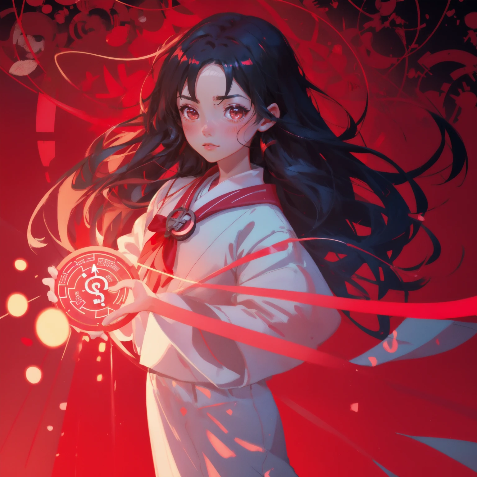 3D rendered japanese anime girl as a FOMOsapien, kawaii style, big expressive eyes showing anxiety and excitement, multiple arms reaching out, wearing a red and white sailor fuku with glowing red circuit patterns, standing on a red glowing platform, surrounded by holographic anime-style crypto symbols and charts, dramatic red lighting, swirling red and pink background, holding a smartphone with red candlestick charts and a red crypto coin with a question mark, thought bubble with "???" in red neon, beads of sweat on forehead, highly detailed, digital painting, anime key visual, studio ghibli and makoto shinkai style --ar 16:9 --stylize 750 --chaos 20 --v 5.0 