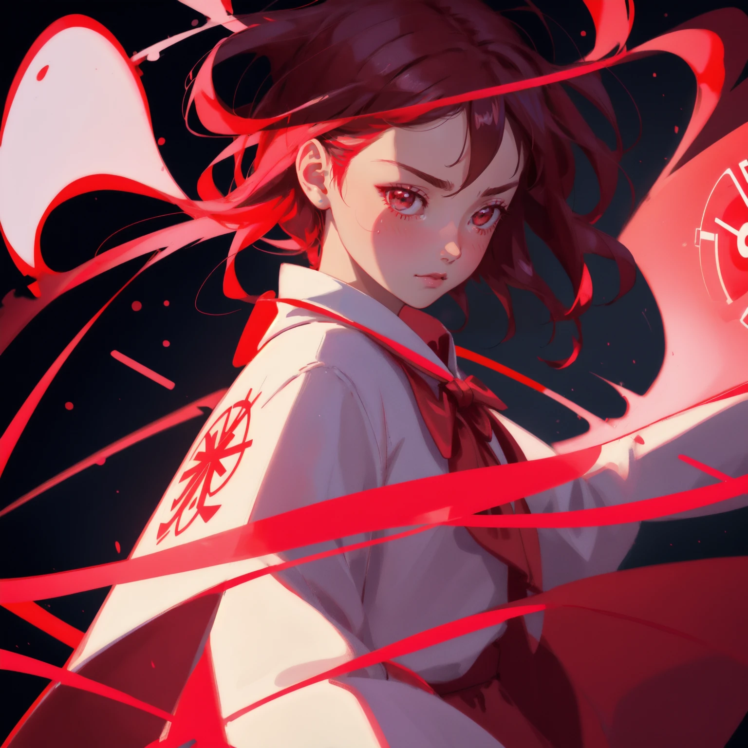 3D rendered japanese anime girl as a FOMOsapien, kawaii style, big expressive eyes showing anxiety and excitement, multiple arms reaching out, wearing a red and white sailor fuku with glowing red circuit patterns, standing on a red glowing platform, surrounded by holographic anime-style crypto symbols and charts, dramatic red lighting, swirling red and pink background, holding a smartphone with red candlestick charts and a red crypto coin with a question mark, thought bubble with "???" in red neon, beads of sweat on forehead, highly detailed, digital painting, anime key visual, studio ghibli and makoto shinkai style --ar 16:9 --stylize 750 --chaos 20 --v 5.0 