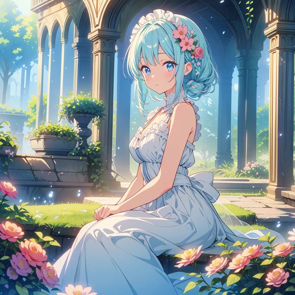 (high quality, 8k), (Soft Light), Iridescent, One Girl, Detailed face, Beautiful Eyes, watercolor paiting, So magical and dreamy, Dreamy details, Dreamy atmosphereとドラマ, Gorgeous atmosphere, Fantastic and beautiful lighting, Dreamy atmosphere, Beautiful atmosphere, Dreamy Romantic, Fantastic and dreamy theme, Magical atmosphere, Beautiful atmosphere, Anime Background Art, Magical atmosphere + Tabletop, Dreamy aesthetics, Beautiful details with atmosphere, Lots of flowers, bubble, water, garden, Sit on the ground, Shining Eyes