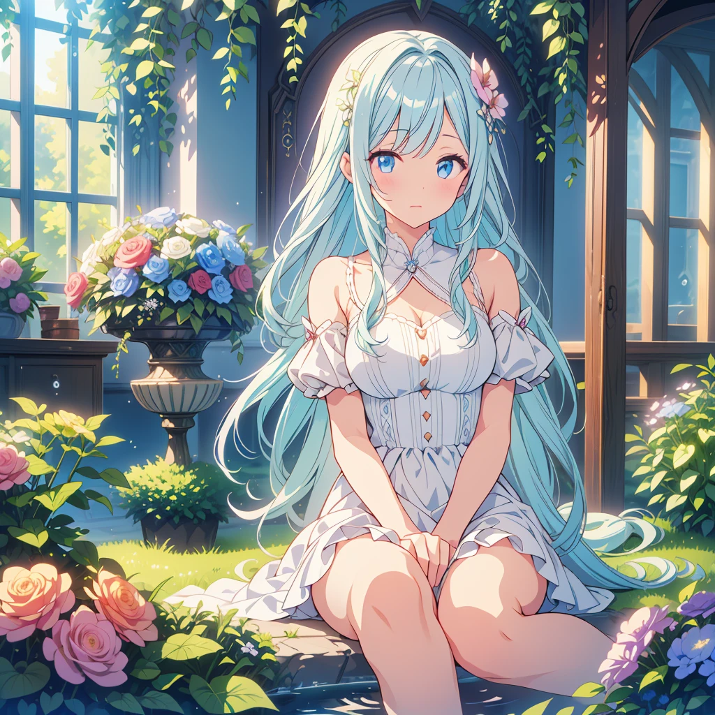 (high quality, 8k), (Soft Light), Iridescent, One Girl, Detailed face, Beautiful Eyes, watercolor paiting, So magical and dreamy, Dreamy details, Dreamy atmosphereとドラマ, Gorgeous atmosphere, Fantastic and beautiful lighting, Dreamy atmosphere, Beautiful atmosphere, Dreamy Romantic, Fantastic and dreamy theme, Magical atmosphere, Beautiful atmosphere, Anime Background Art, Magical atmosphere + Tabletop, Dreamy aesthetics, Beautiful details with atmosphere, Lots of flowers, bubble, water, garden, Sit on the ground, Shining Eyes